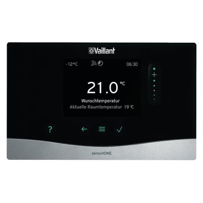 Vaillant sensoHOME VRT 380 rumtermostat isoleret på hvid baggrund, med fokus på den sorte touch-skærm og sølvfarvede bund.