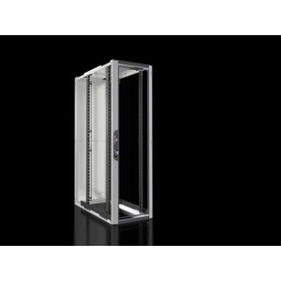 Rittal VX IT netværks-/serverskab 600x2000x1200 mm, 42U med åben glasdør foran og indvendige monteringsskinner. Skabet er vist med sort baggrund.