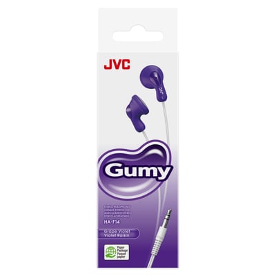JVC HA-F14 Gumy in-ear headphones i violet med hvid ledning og 3,5mm jackstik, præsenteret i papemballage.