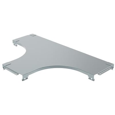 Legrand P31 T-stykkelåg til gitterbakker, pregalvaniseret stål med en glat overflade, viser monteringsklips i siderne.