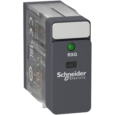 Schneider Electric Harmony RXG stikbensrelæ med 2 C/O kontakter, 5A, 230V AC og grøn indikator-LED. Relæet er kompakt med mærkning.