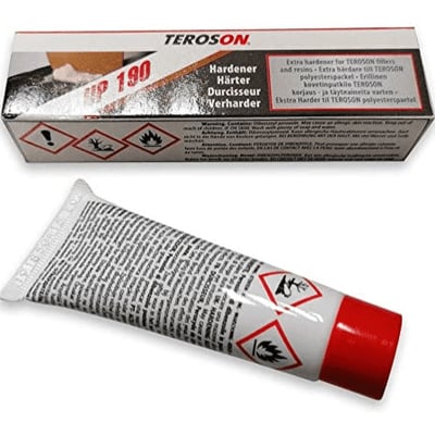 Loctite TEROSON UP 190 i en tube med rød hætte, præsenteret sammen med sin papkasse med advarselssymboler og produktinformation på flere sprog.