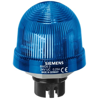 Siemens integreret signallampe i blå med konstant lys, 70 mm diameter og 24V spænding, mærket med CE og Made in Germany.