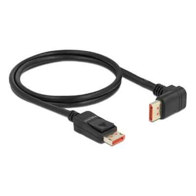 Sort Delock DisplayPort 1.4-kabel på 1 meter med lige hanstik og 90° opadvinklet hanstik, til 8K ved 60 Hz.