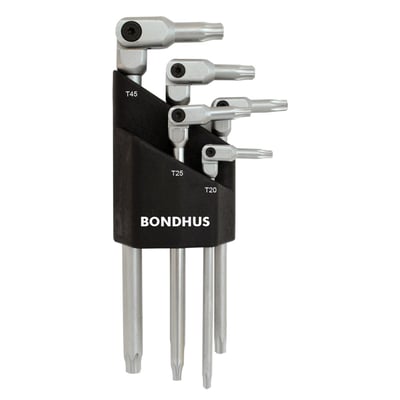 Bondhus HexPro stiftnøglesæt med Torx 20, 25, 30, 40 og 45 står i sort holder med de vinklede nøglehoveder synlige.
