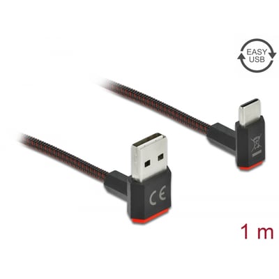 DeLock USB 2.0 kabel med EASY-USB Type-A og USB-C hanstik, 1 meter, sort med røde detaljer på stik og flettet kabel.