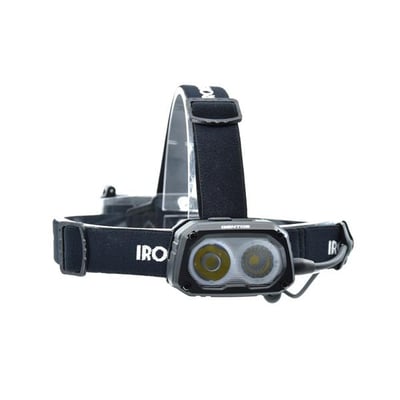 Ironside Twin Beam genopladelig pandelampe med to lysdioder, sort hovedrem og justerbar rem over hovedet.