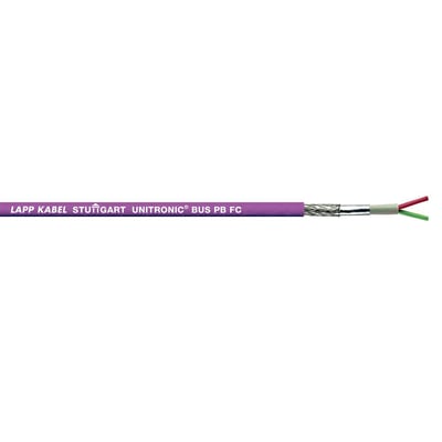 Lapp Unitronic bus PB FC 1X2X0,64 kabel med lilla ydre kappe, flettet skærm og grønne og røde ledere synlige ved enden.