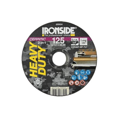 Ironside Ceramic 2-in-1 plan skæreskive på 125 x 1,0 mm, set forfra med rundt centerhul og trykt mærkning.