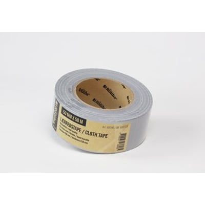 Roliba lærredstape i sølvfarve, 50 mm bred og 50 meter lang, med "waterproof" egenskaber og høj klæbeevne.