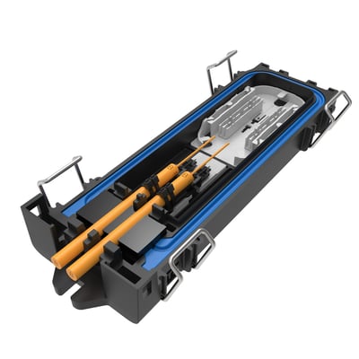 CommScope Fibermuffe SRC1 med 2 porte og plads til 12 fibre, åben med orange kabler indsat.