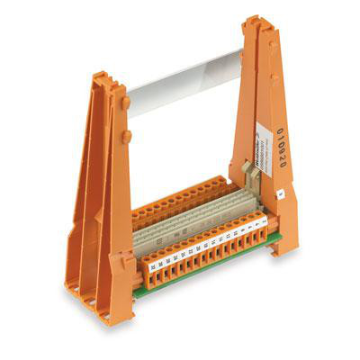 Weidmüller interfacemodul og kortholder til 19-tommers SPS-kort med orange sidestykker og tilslutningsrække.