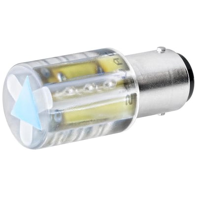 Siemens klar LED-lyskilde til signalsøjler med BA15d base, 24 V, der viser indre LED'er og en blå trekantet indikator.