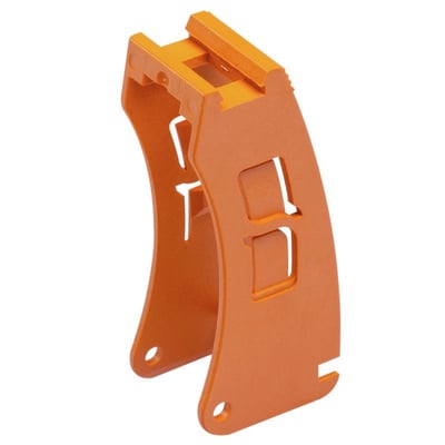 Weidmüller CUBESERIES-holdeklemme til relæ i orange plast med integreret mærkeholder, set skråt forfra.