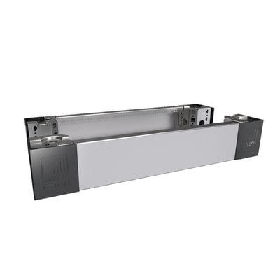 Rittal sokkelement VX for+bag i rustfrit stål, 600x100 mm, vist med mørkegrå endestykker og sølvfarvet panel.