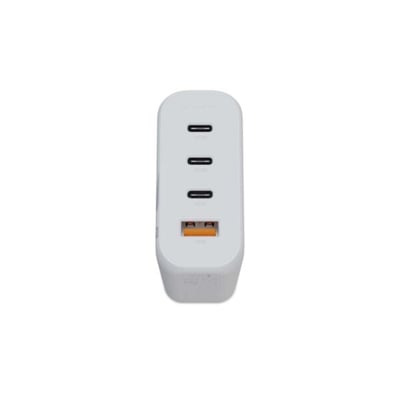 Frontvisning af Xtorm 140W GaN2 Ultra oplader, der viser de tre USB-C porte og en USB-A port i hvidt design.