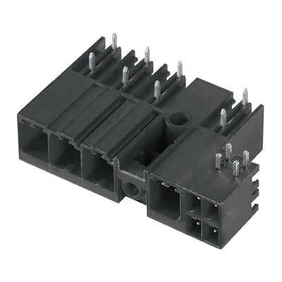 Weidmüller hybrid-printkortstik med sort hus og synlige metalben, 4 poler, 7,62 mm afstand og 270° udgangsvinkel.