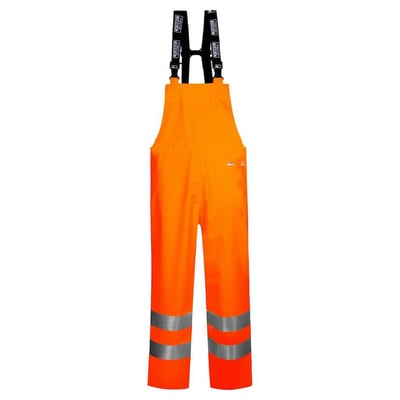 Lyngsøe Rainwear regnoverall LR59 i hi-vis orange med reflekser ved anklerne, vist forfra på hvid baggrund.
