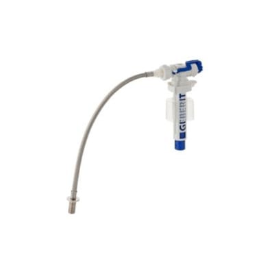 Geberit svømmerventil med slange og SERVO-funktion, fremstillet i hvid og blå plast, klar til installation i et Villeroy&Boch toilet.