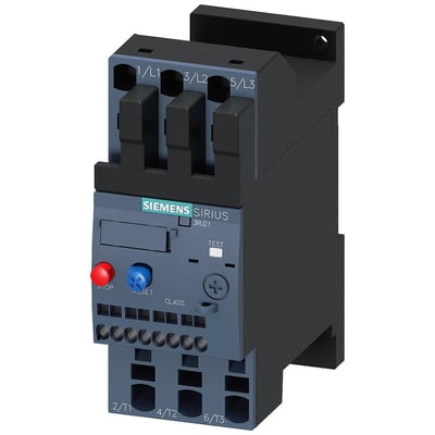 Siemens Sirius 3RU21 overbelastningsrelæ i sort og grå med tydelig mærkning af terminaler 1/L1, 3/L2, 5/L3 og 2/T1, 4/T2, 6/T3.