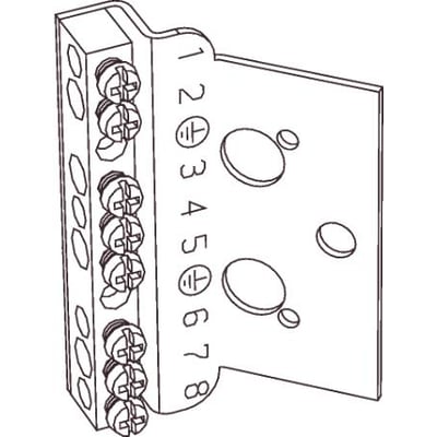 Eaton PE-terminal med 8 skruetilslutninger og jordingssymboler, vist i perspektiv med nummerering 1-8.