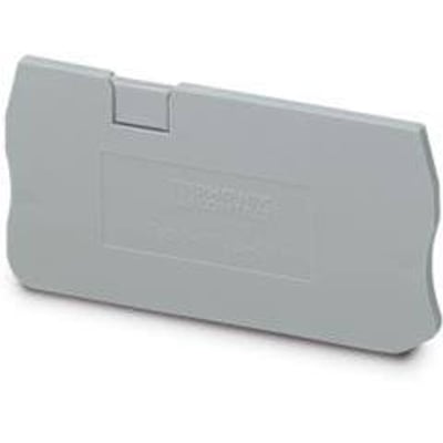 Grå endeplade fra Phoenix Contact, model D-ST 2,5-TWIN, med dimensioner 60,5 x 2,2 x 29 mm.