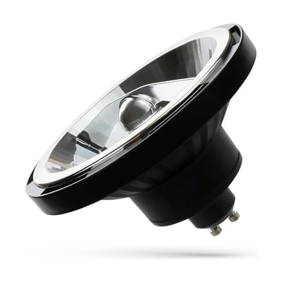 SpectrumLED GU10 LED-spot på 12 W i sort med sølvfarvet reflektor, AR111-form og to synlige fatningsstifter.