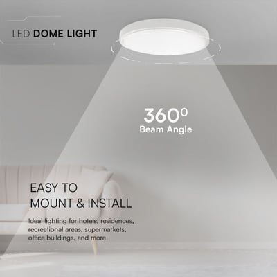 Infografik med V-TAC LED-loftslampe, 18 W, rund og hvid med hvid kant, der illustrerer lys i en bred kegle.