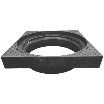 NID firkantet ventilationskarm i mørkegrå støbejern med tydelig teksturopdeling og dimensioner angivet.