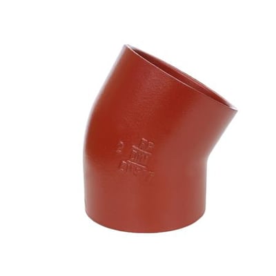 Preis & Co SML bøjning i støbejern, 100mm diameter og 30 graders vinkel, rødbrun overflade med indgraveret tekst.