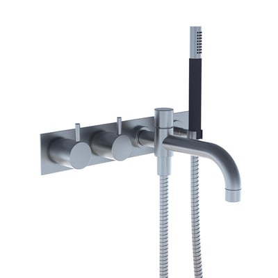 Vola 1-grebsblander til stor vandmængde med tre runde greb og en slank tud, udført i børstet stål.