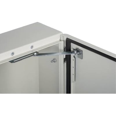 Schneider Electric dørstop i metal monteret på indersiden af et hvidt S3D vægskab med døren åben.