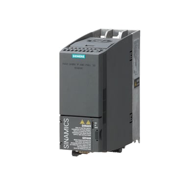 Siemens SINAMICS G120C motor, 4.0kW effekt, 3AC380-480V med integreret filter, vist fra siden med advarselsetiketter.