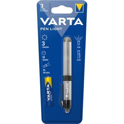 VARTA Pen Light lommelygte i sølvfarvet blisterpakning med illustrationer af lysstyrke, rækkevidde og batteri.