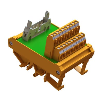 Weidmüller interface-modul med 20 positioner, orange terminalrækker og stikforbindelse på grøn bundplade, set skråt oppefra.