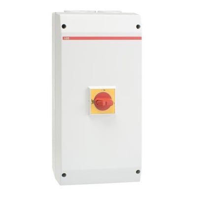 ABB 80A 3-polet sikkerhedsafbryder i hvid plastkapsling med rød/gul drejegreb, vist på hvid baggrund med ABB logo.