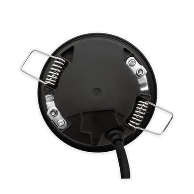 Bagside af Scan Products Luna LP2 LED downlight i sort, med fjedermekanismer og tilslutningskabel.
