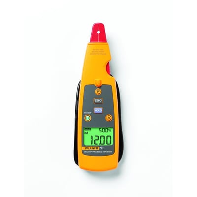 Fluke 771 procestangmeter fra en anden vinkel, viser betjeningsknapper og gul ledning på hvid baggrund.