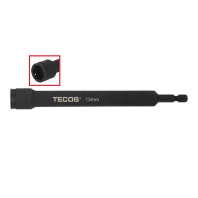 Tecos boltbits gennemstik i sort metal med 13mm indikation og en længde på 150mm, vist med et indsatselement for gevindstangsføring.