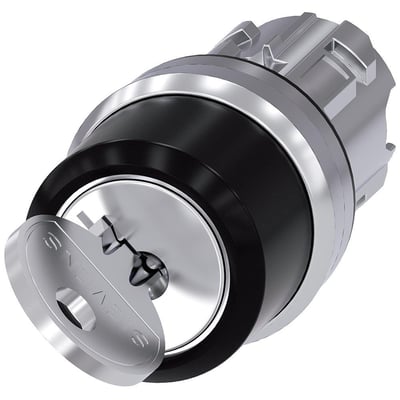 Siemens Ronis nøgleafbryder, 22mm, med ru metal og højglans finish, med nøgle i låseposition.