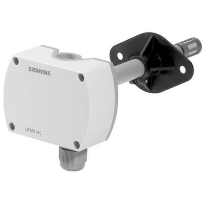 Siemens QFM3160 fugt- og temperaturføler i hvidt plast med et sort monteringsbeslag og en målesensor.