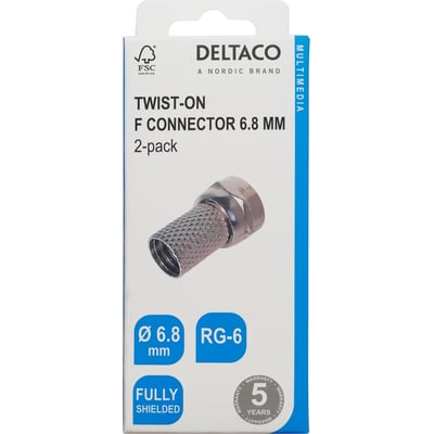 Emballagen til Deltaco twist-on F-stik viser stikket og angiver kompatibilitet med RG-6-kabler på 6,8 mm.