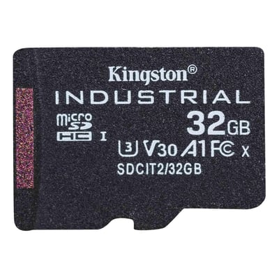 Sort Kingston Industrial microSDHC-hukommelseskort på 32 GB med synlige produktbetegnelser på kortet.