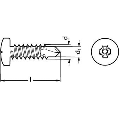 Teknisk tegning af panhoved pladeskrue, DIN 7504-N, A2, 4,8x60 mm med borespids og dimensioner markeret.