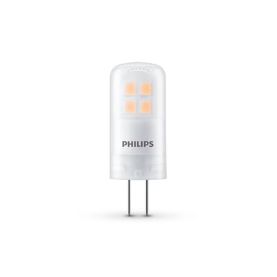 Philips CorePro LED-stiftspot med hvidt hus, fire synlige lysfelter og to stifter, 12 V og dæmpbar.