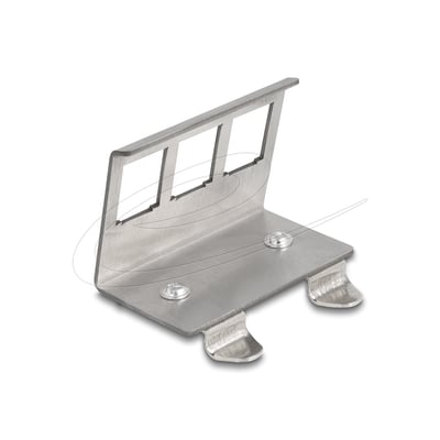 Delock-keystone-holder til 35 mm DIN-skinne med tre åbninger til moduler, vist fritstående i skrå vinkel.