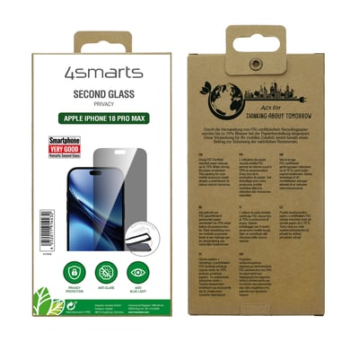 Emballagen til 4smarts Second Glass Privacy-beskyttelsesglas med monteringsramme til Apple iPhone 18 Pro Max.