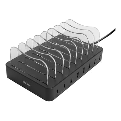 Deltaco USB-ladestation med 6 USB-A og 2 USB-C porte, sort, viser opdelere til enheder og logo.
