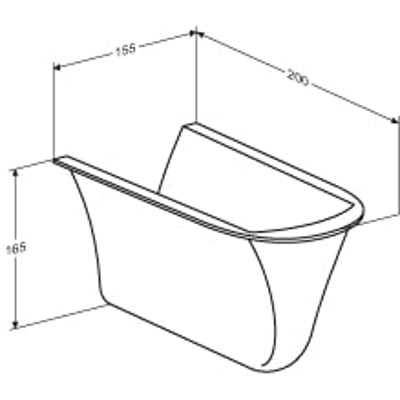 Teknisk tegning af Pressalit installationsafdækning i hvid med dimensioner angivet: 155mm bred, 165mm høj og 200mm dyb.