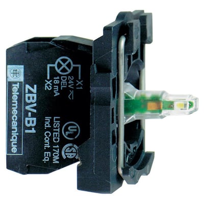 Schneider Electric Harmony Style 5 lampekrop fra siden, viser den hvide LED og mærket ZBV-B1 med tekniske specifikationer og godkendelser.